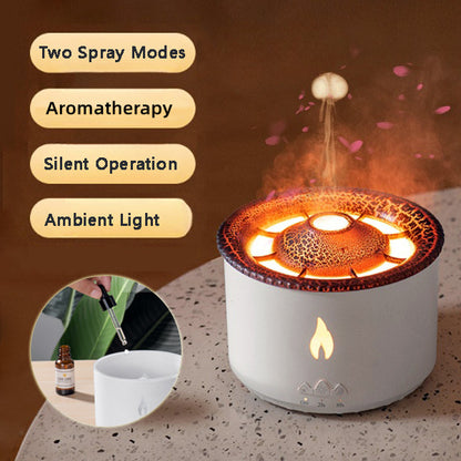 Aromatherapy diffuser with features listed and a close-up of essential oil being added.