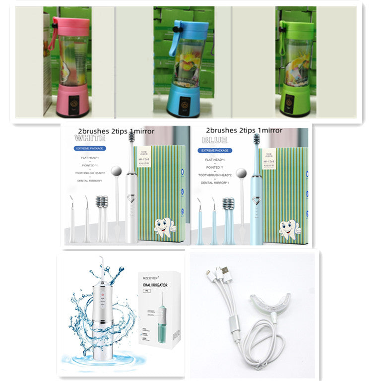 Collage of colorful portable blenders, dental hygiene products, and a water flosser with packaging.