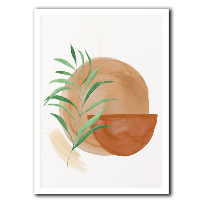 Art print with abstract shapes and green leaves on a white background