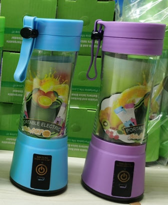 Blue and purple portable blenders with visible branding on a white surface.