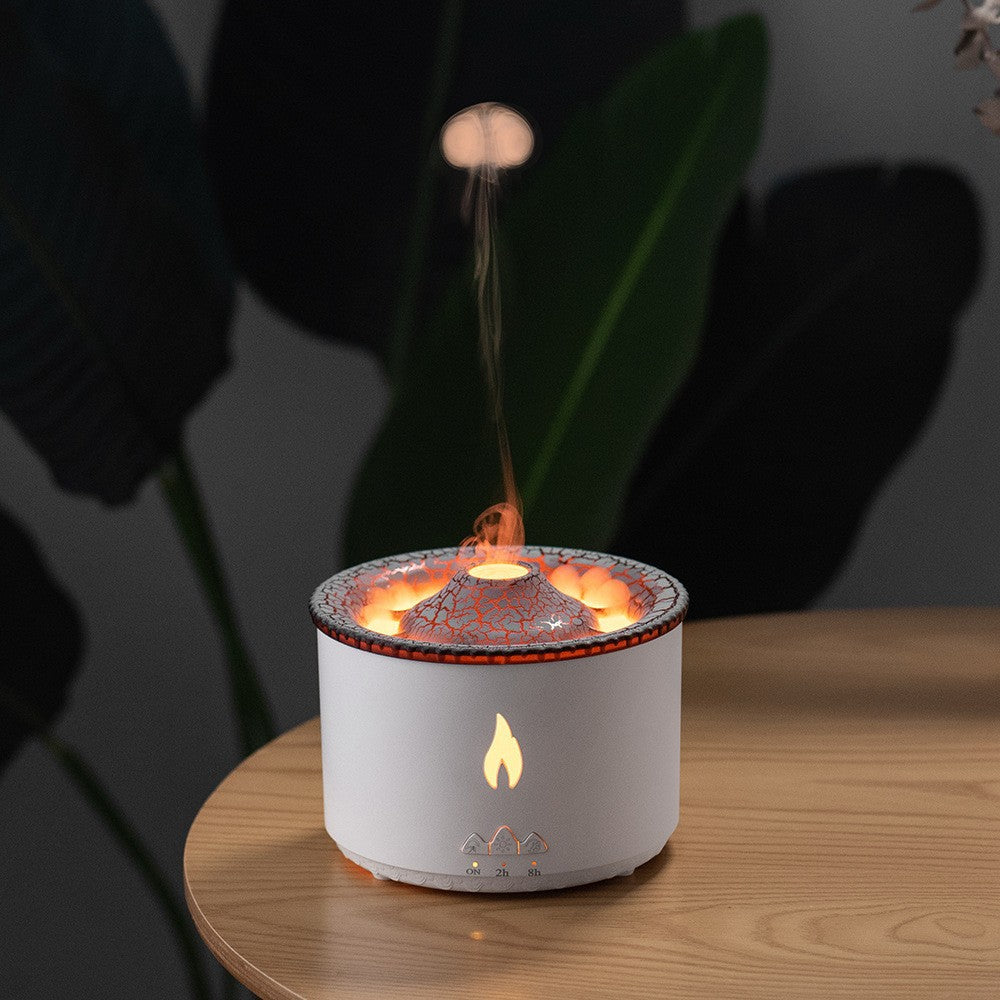 White decorative lamp with flame effect on a wooden surface