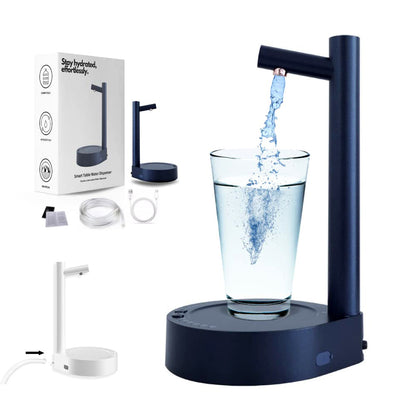 Blue water dispenser pouring water into a glass with packaging and accessories on a white background
