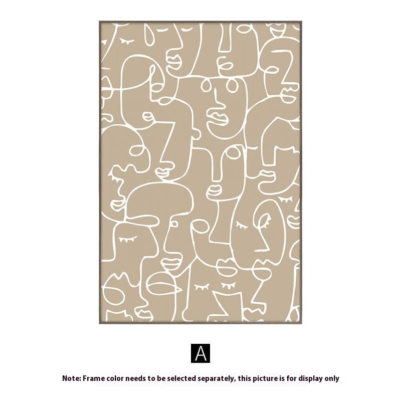 Beige rug with abstract white line art pattern on a plain background