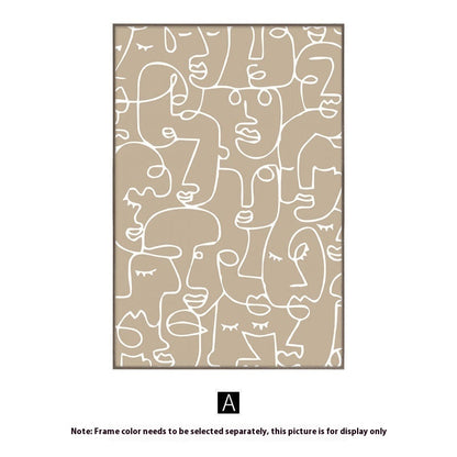 Beige rug with abstract white line art pattern on a plain background