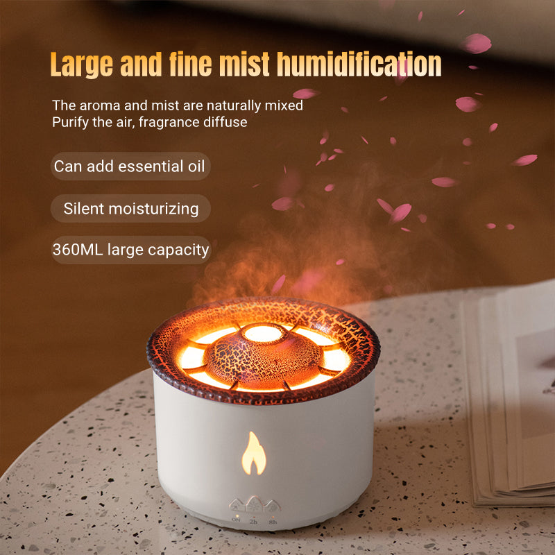 White humidifier with flame design on a surface, surrounded by pink petals.